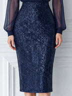 Sheer Chiffon Blouse & Sequin Midi Skirt Two-Piece Set