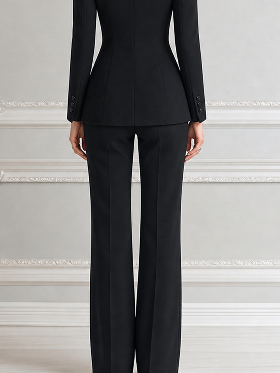 Black Pink Rose Embroidered Stand Collar Tailored Blazer & Wide Leg Trousers Two-Piece Suit Set