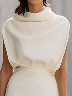 Draped High-Neck Fitted Top & Midi Skirt Two-Piece Set