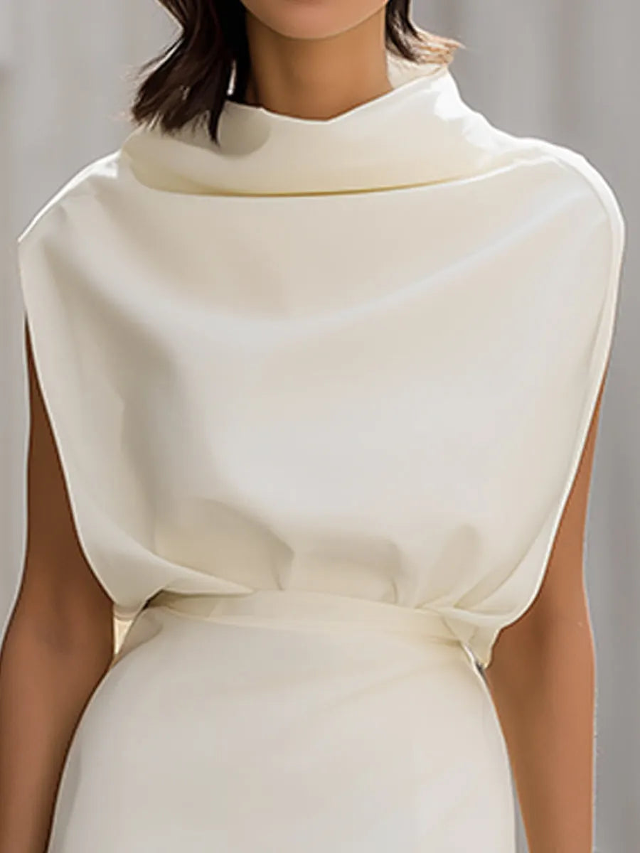 Draped High-Neck Fitted Top & Midi Skirt Two-Piece Set