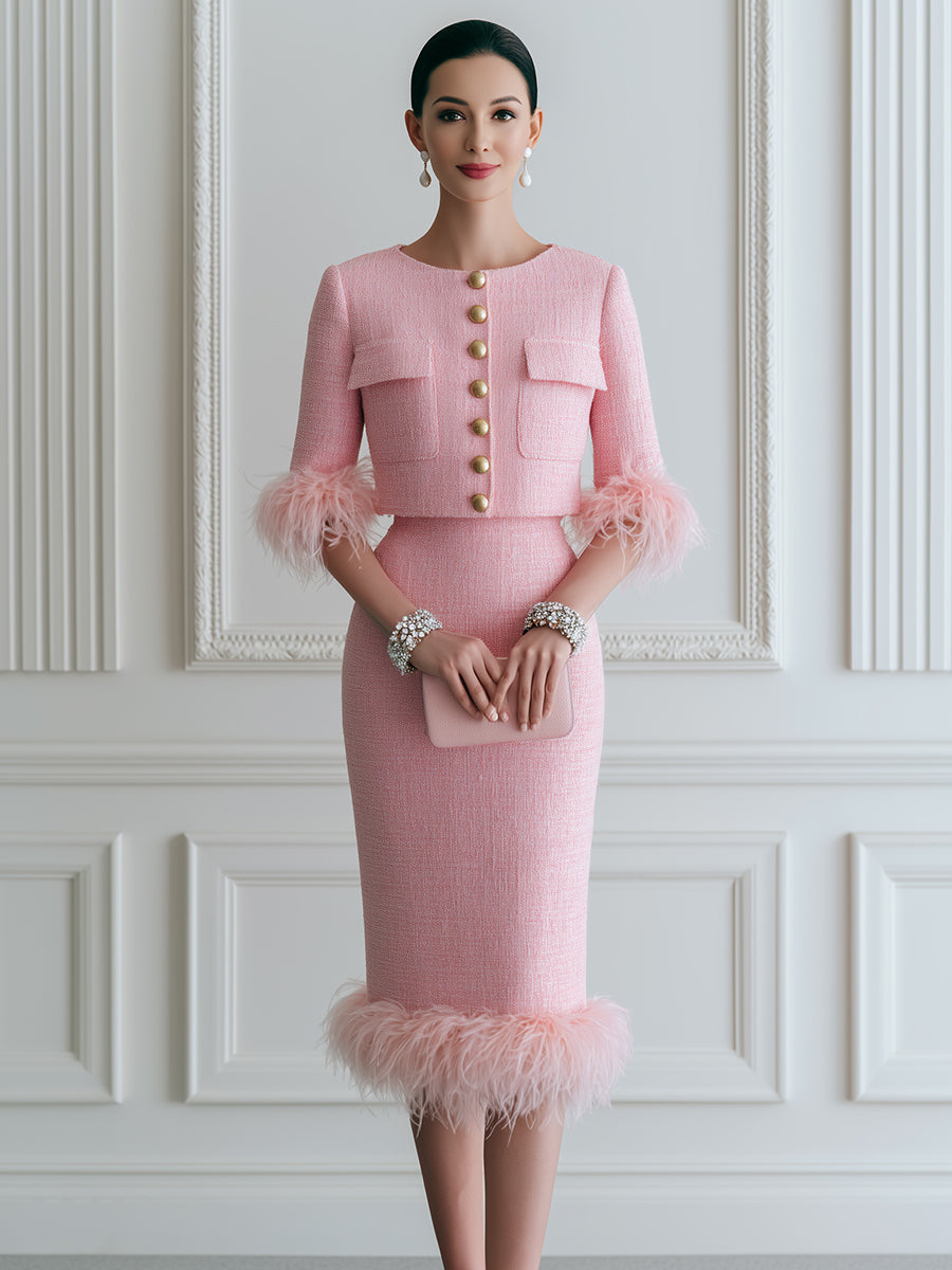 Elegant Pink Tweed Feather-Trim Two-Piece Set with Gold Buttons