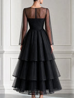 Elegant Sheer Sleeve Tiered Organza Midi Dress