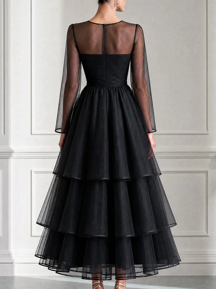 Elegant Sheer Sleeve Tiered Organza Midi Dress