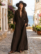 Women's Long Sleeve Belted Deep V Neckline Maxi Shirt Dress