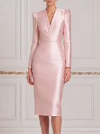 Pink Dress Fall Wedding Guest Dress Satin Puff Shoulder Pencil Midi Dress