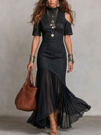 Women's Off-Shoulder Mesh Hem Short-Sleeve Dress