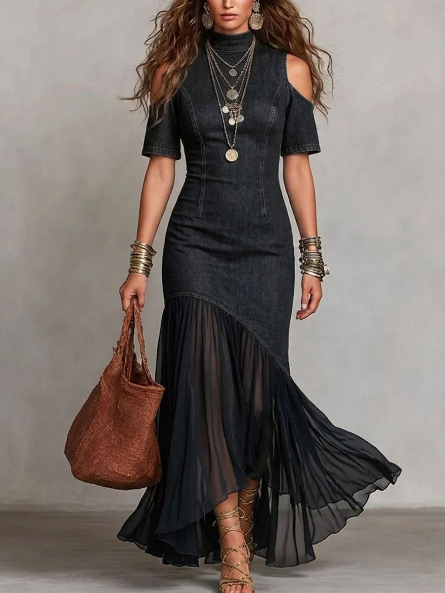 Women's Off-Shoulder Mesh Hem Short-Sleeve Dress