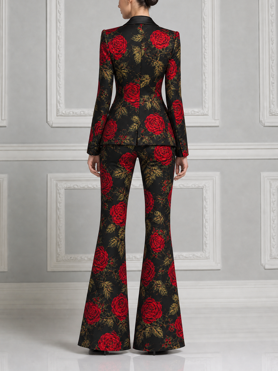 Black Red Rose Tailored Blazer & Flare Pants Set