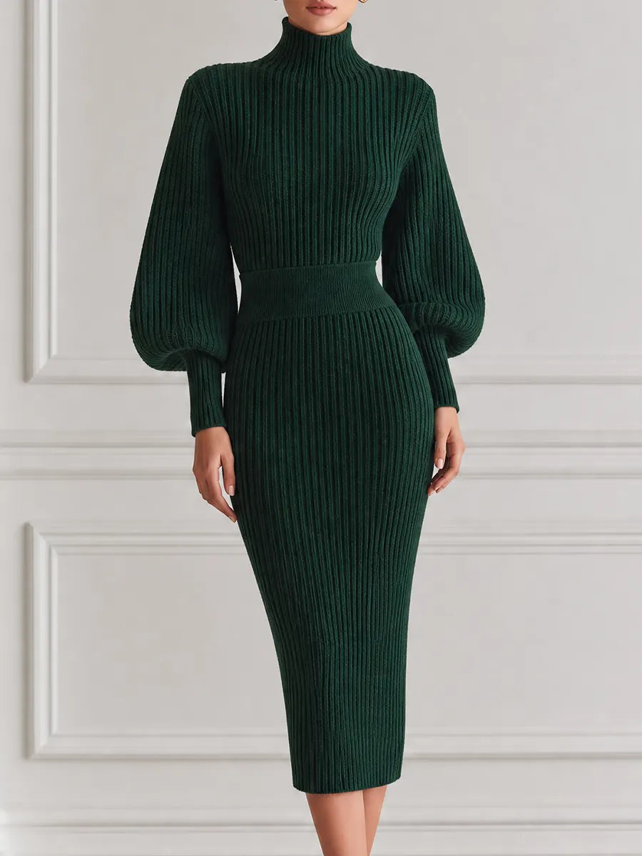 Green Dress Stockholm Style Fall Fashion Ribbed Knit Pencil Midi Dress