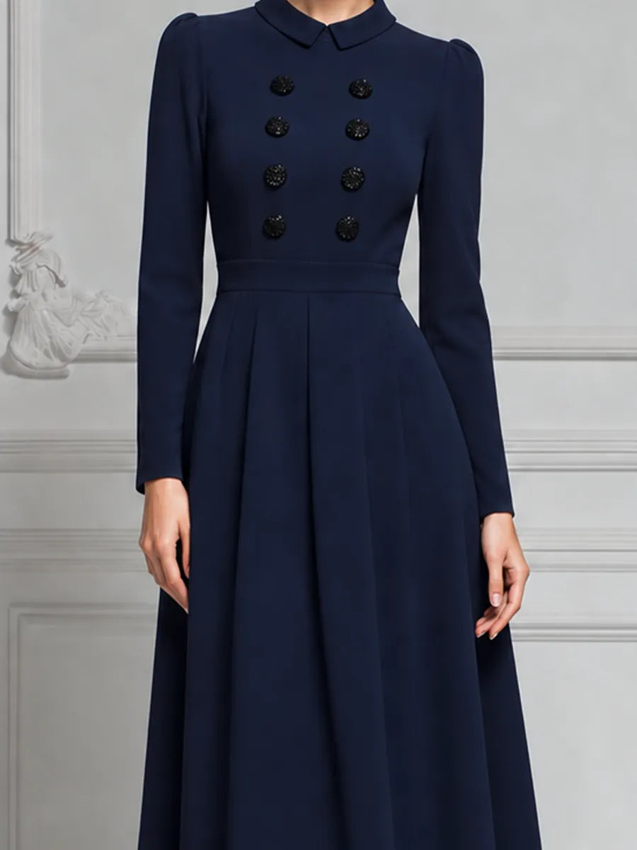 Navy Blue Peter Pan Collar Double Breasted Fit And Flare Midi Dress