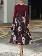 Ribbed Knit Top & Floral Pleated Midi Skirt Tailored Set