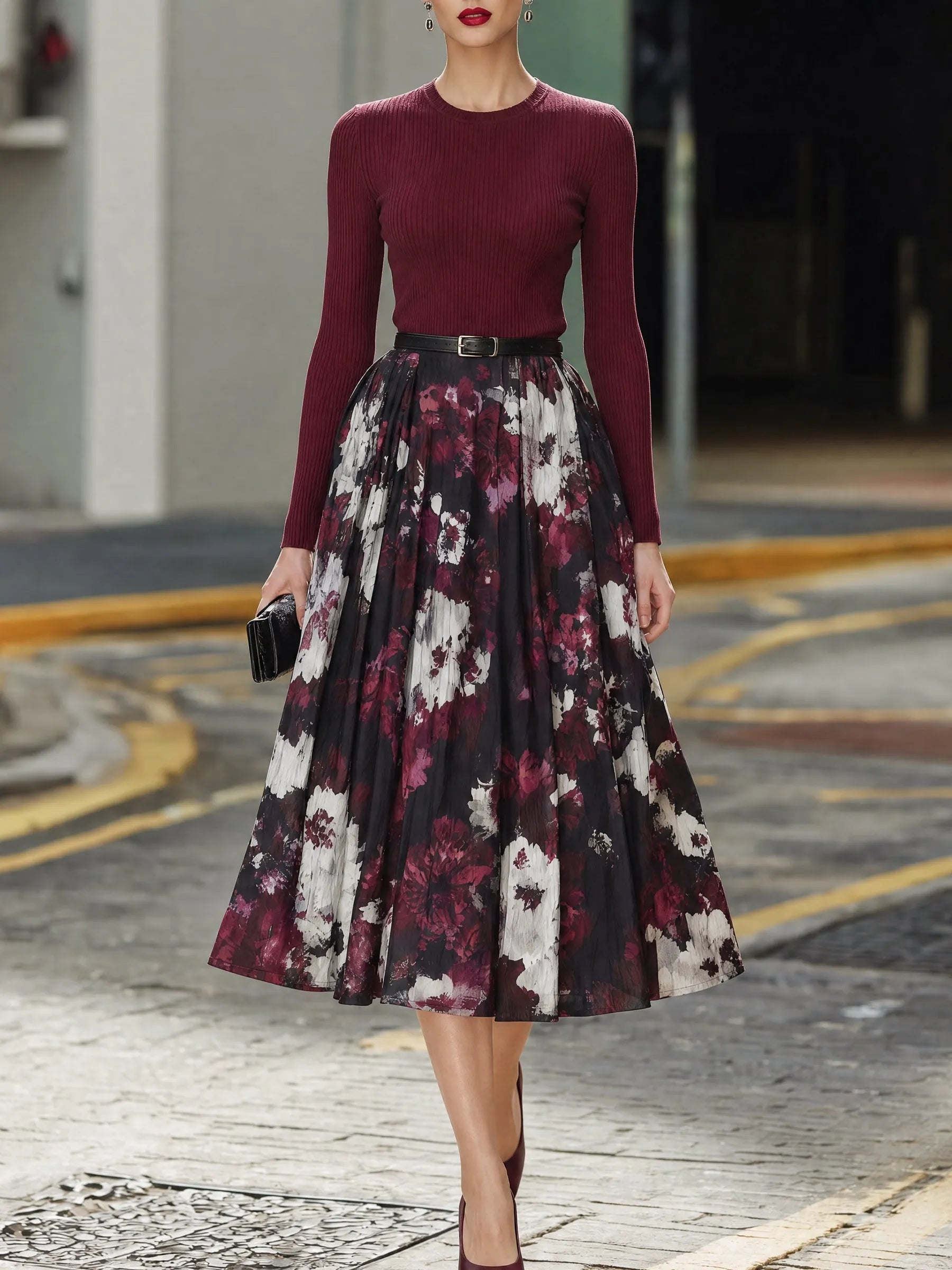 Ribbed Knit Top & Floral Pleated Midi Skirt Tailored Set