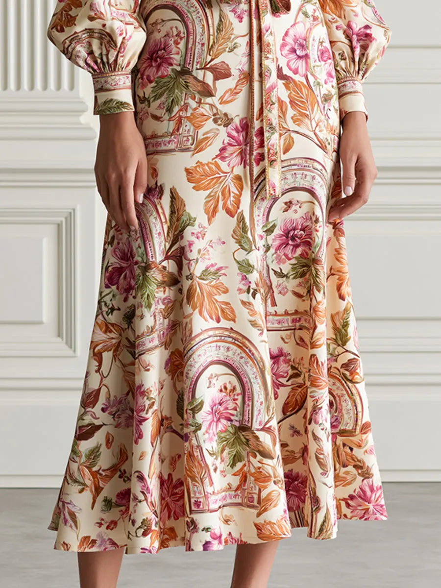 Puff Sleeve Floral Print Waist Tie Belt Midi Dress
