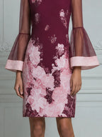 Burgundy Pink Floral Print Sheer Bell Sleeve Shift Mini Dress