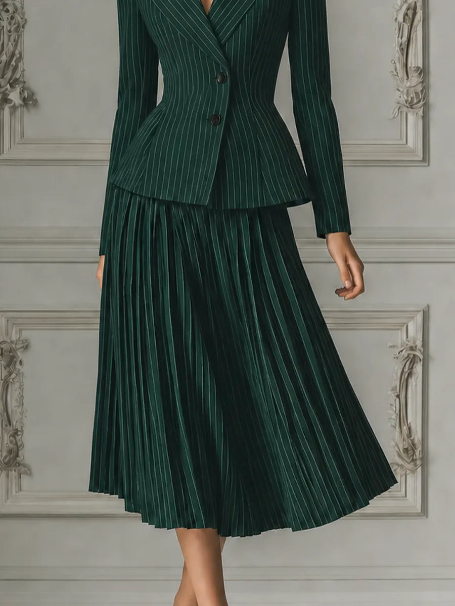 Green Pinstripe Tailored Blazer & Pleated A-Line Midi Skirt Two-Piece Suit Set