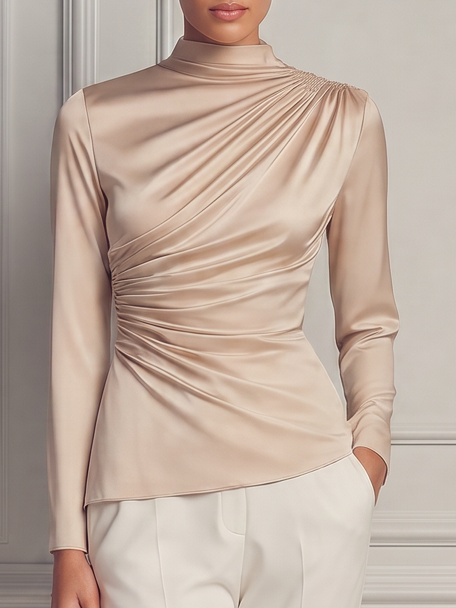 Champagne Satin High Neck Ruched Long Sleeve Blouse