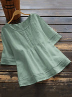 Solid Color Cotton And Linen Patchwork Hollow T-Shirt