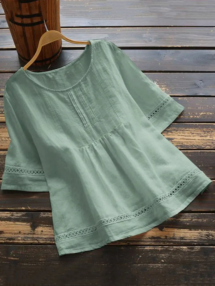 Solid Color Cotton And Linen Patchwork Hollow T-Shirt