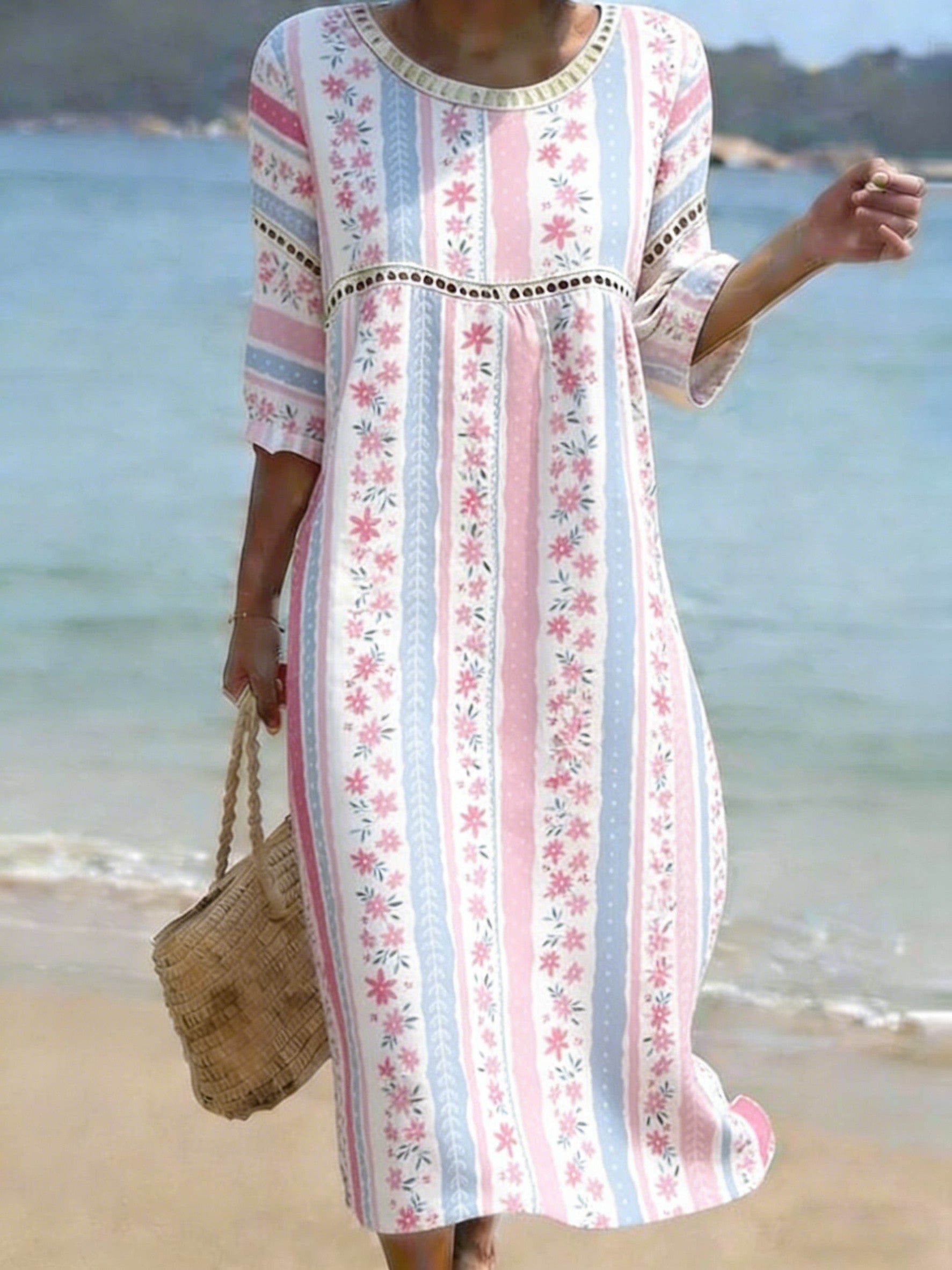 Women's Folk Flowers Print Crew Neck Cotton Pocket Dress
