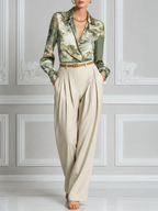 Sage Scenic Satin Blouse & Ivory Pleated Wide Leg Pants Set