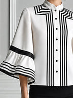 White Preppy Contrast Stripe Bell Sleeve Blouse