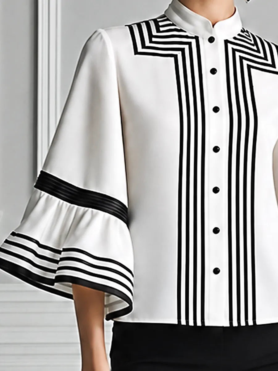 White Preppy Contrast Stripe Bell Sleeve Blouse