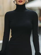 Lace Trim Ruffled Cuff Turtleneck Knit Sweater Dress