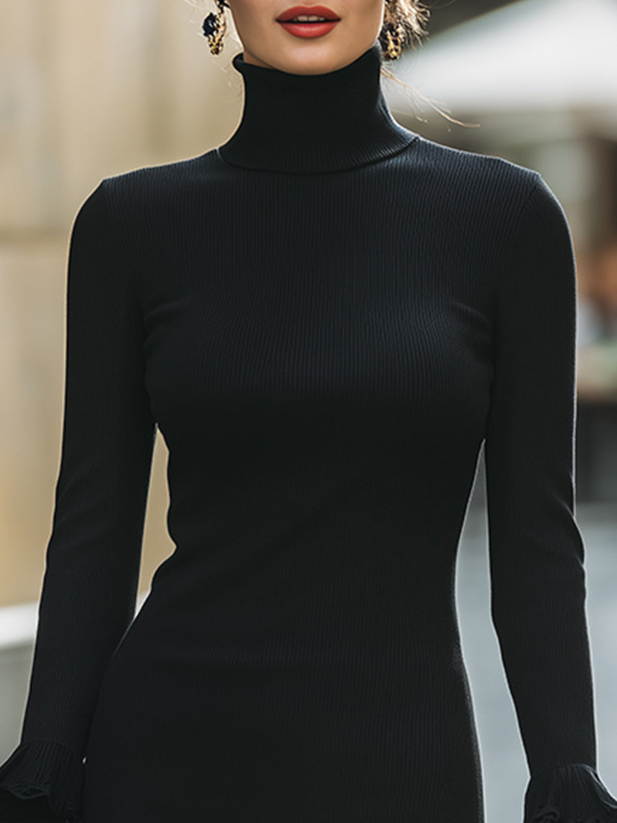 Lace Trim Ruffled Cuff Turtleneck Knit Sweater Dress