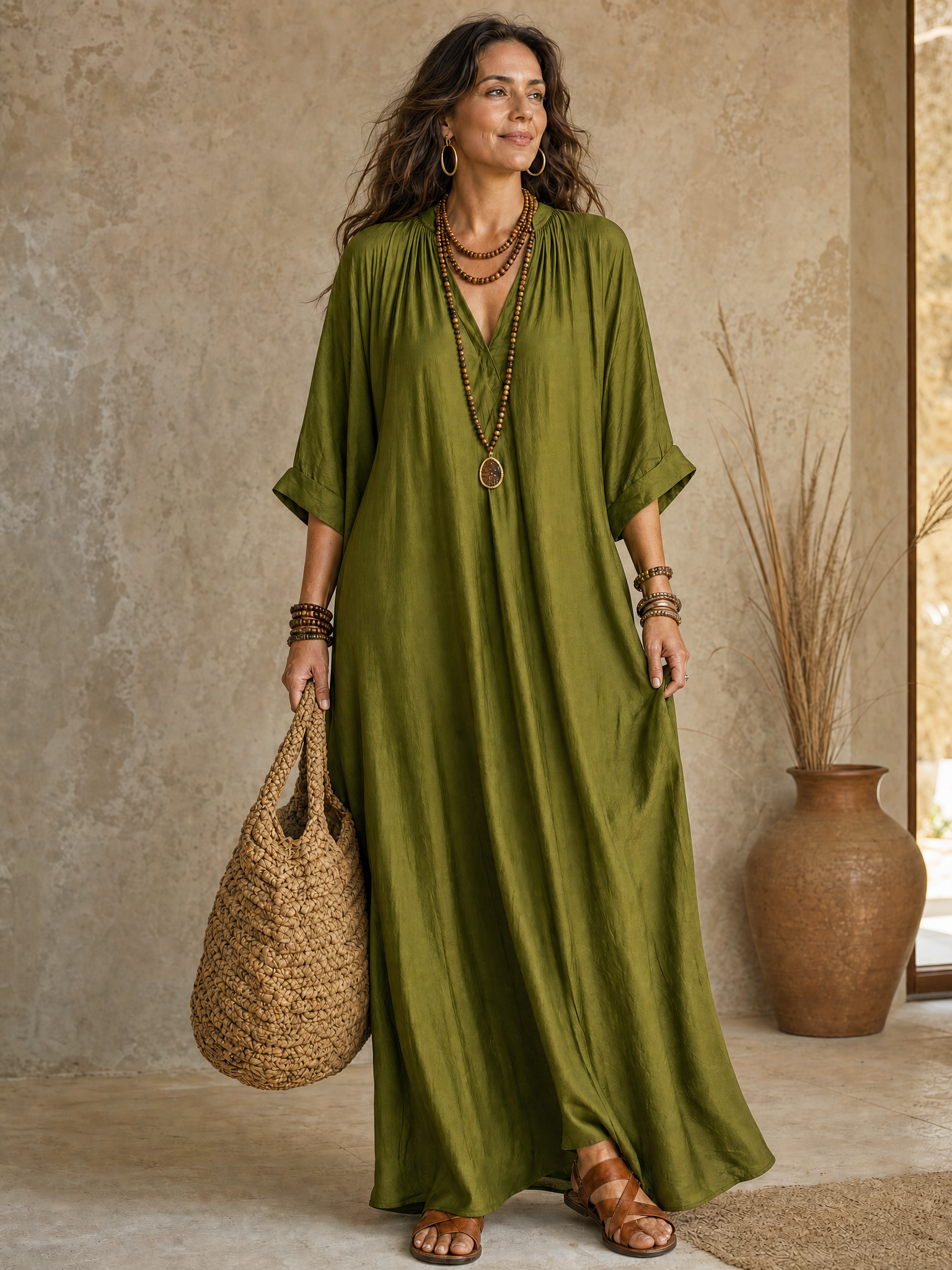 Olive Green Relaxed Bohemian Maxi Dress
