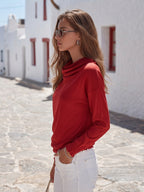 Capri Vibe Bright Red Draped Cowl Neck Loose Knit Top
