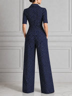 Navy Polka Dot Short Sleeve Blazer & Wide Leg Trousers Set