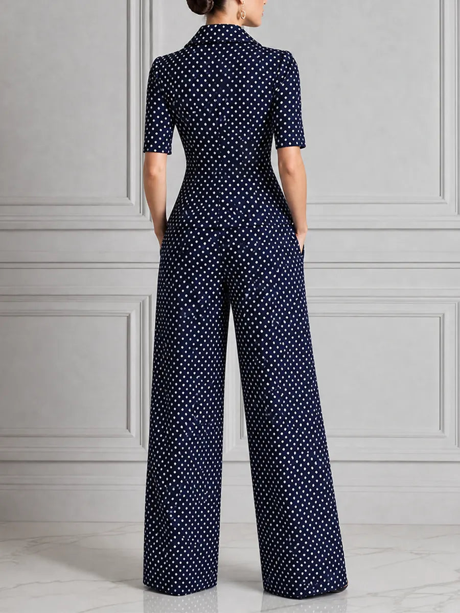 Navy Polka Dot Short Sleeve Blazer & Wide Leg Trousers Set