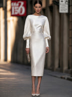 Ivory Satin Puff-Sleeve Top & Crocodile-Embossed Pencil Skirt Two-Piece Set