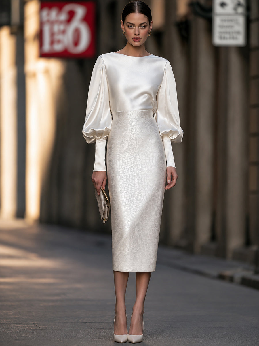 Ivory Satin Puff-Sleeve Top & Crocodile-Embossed Pencil Skirt Two-Piece Set