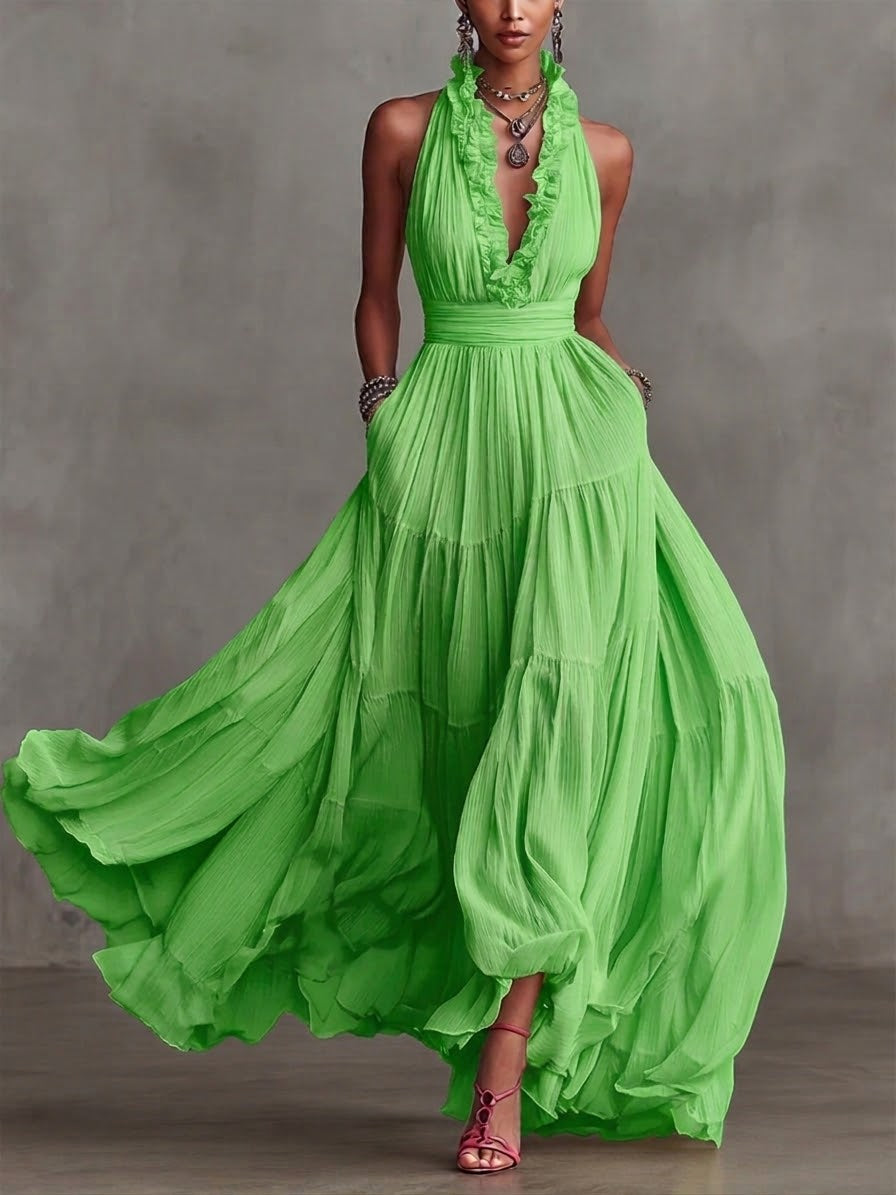 Stylish And Flowing Ruffled Collar Maxi Dress
