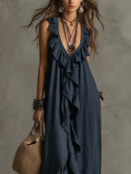Elegant Bohemian V Neck Ruffle Maxi Dress In Deep Navy
