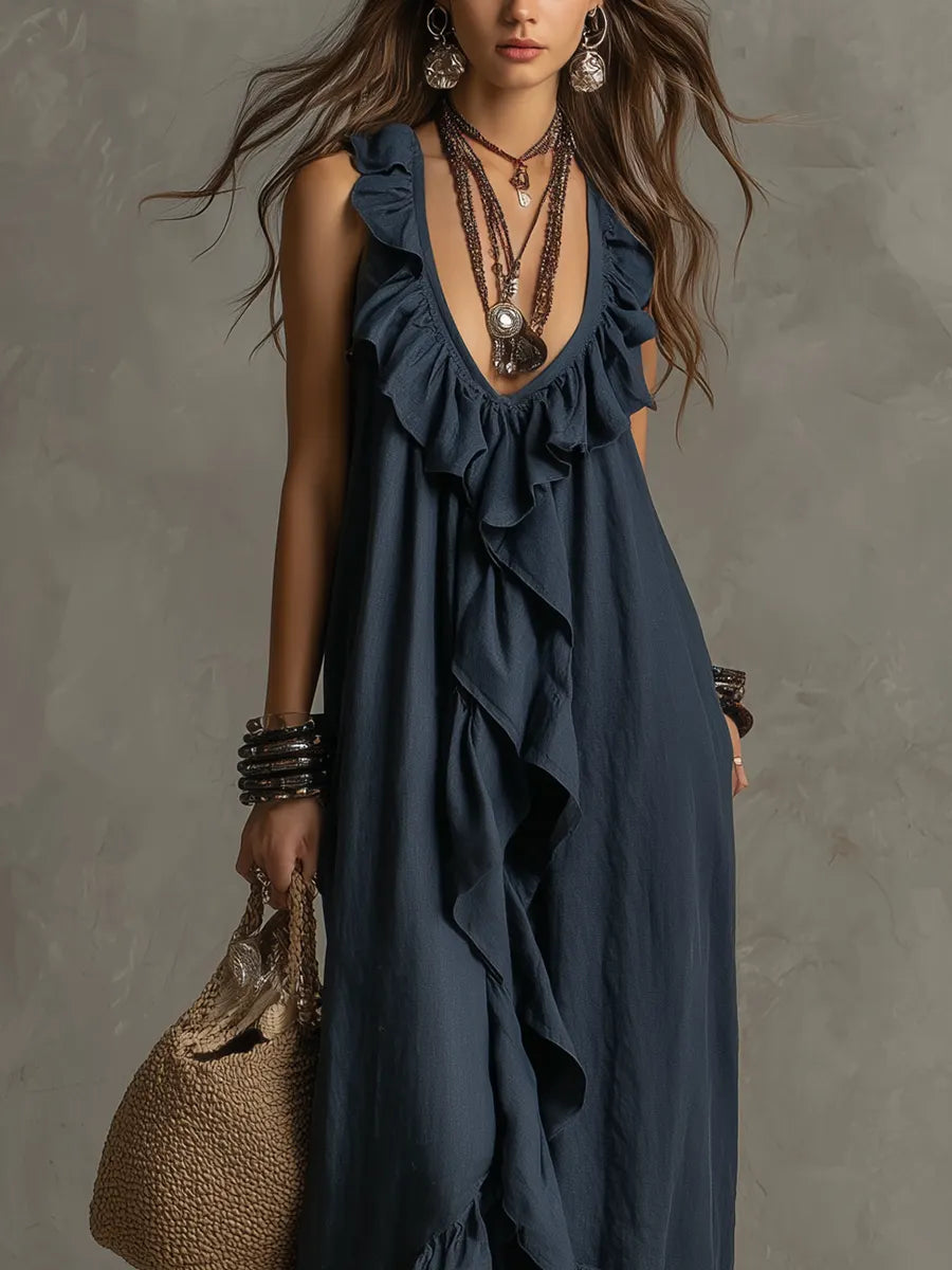 Elegant Bohemian V Neck Ruffle Maxi Dress In Deep Navy