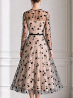 Elegant Black Floral Flocked Tulle A Line Cocktail Midi Dress