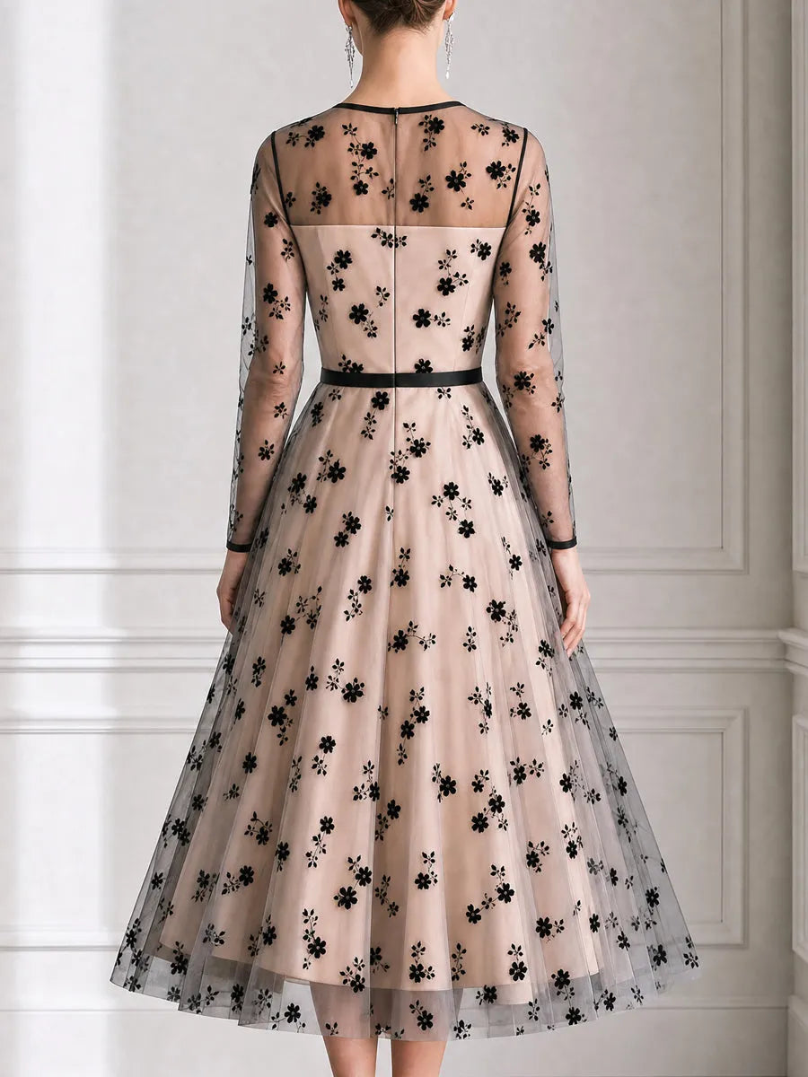 Elegant Black Floral Flocked Tulle A Line Cocktail Midi Dress