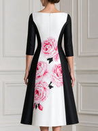 Pink Peony Print Boat Neck Color Block Satin Midi Dress