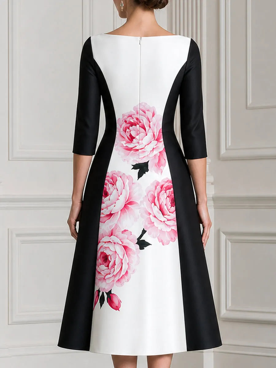 Pink Peony Print Boat Neck Color Block Satin Midi Dress