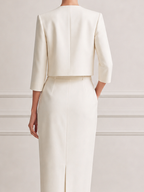 Ivory Collarless Cropped Jacket & Belted Pencil Midi Dress Two-Piece Suit Set