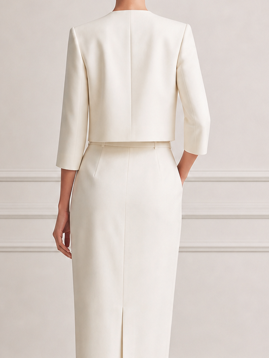 Ivory Collarless Cropped Jacket & Belted Pencil Midi Dress Two-Piece Suit Set