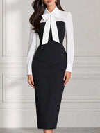 Elegant Colorblock Bow Tie Neck Sheath Midi Dress