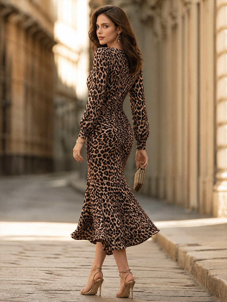 Leopard-Print Keyhole Ruched Mermaid Maxi Dress