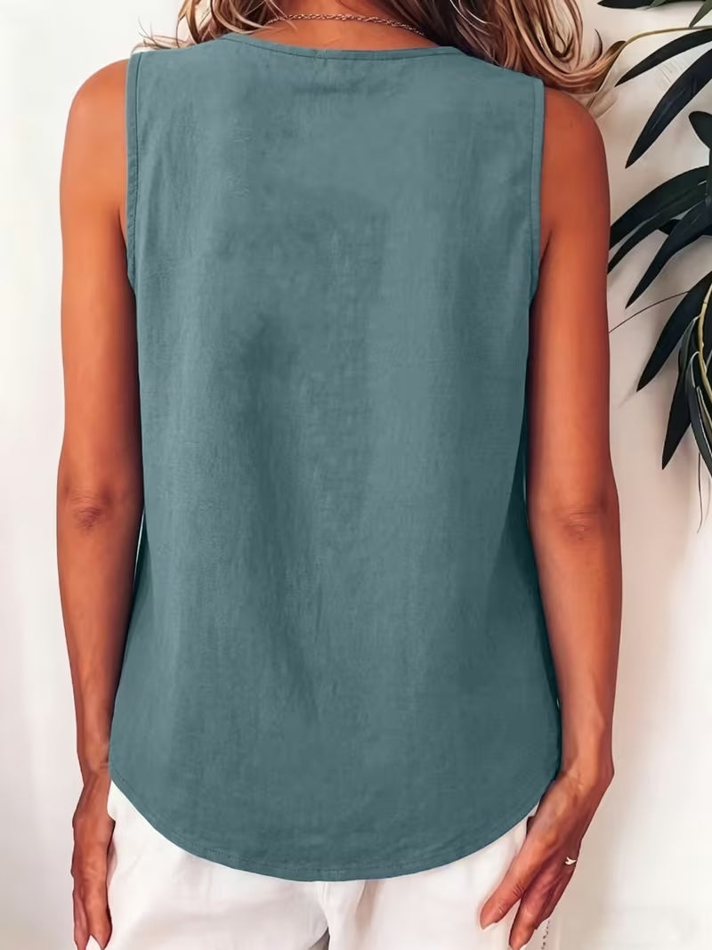 Women's Color-block Sleeveless Fashion Tank Top, Vacation Style Round Neck Linen Textured Top