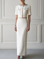 Tweed Crystal-Embellished Cropped Jacket & Maxi Skirt Two-Piece Set