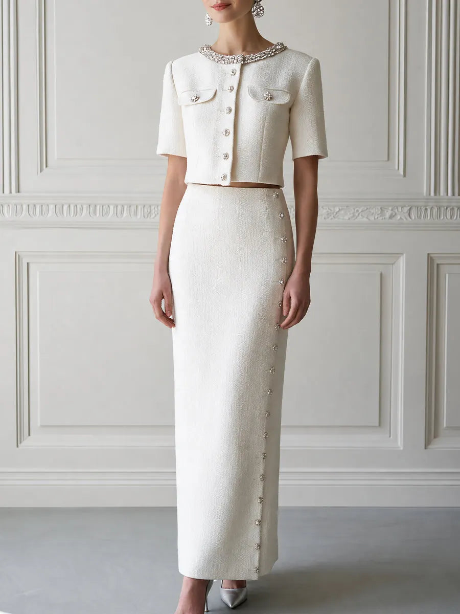 Tweed Crystal-Embellished Cropped Jacket & Maxi Skirt Two-Piece Set