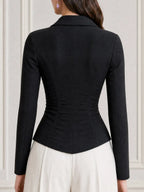 Collar Zip Front Ruched Fitted Long Sleeve Top