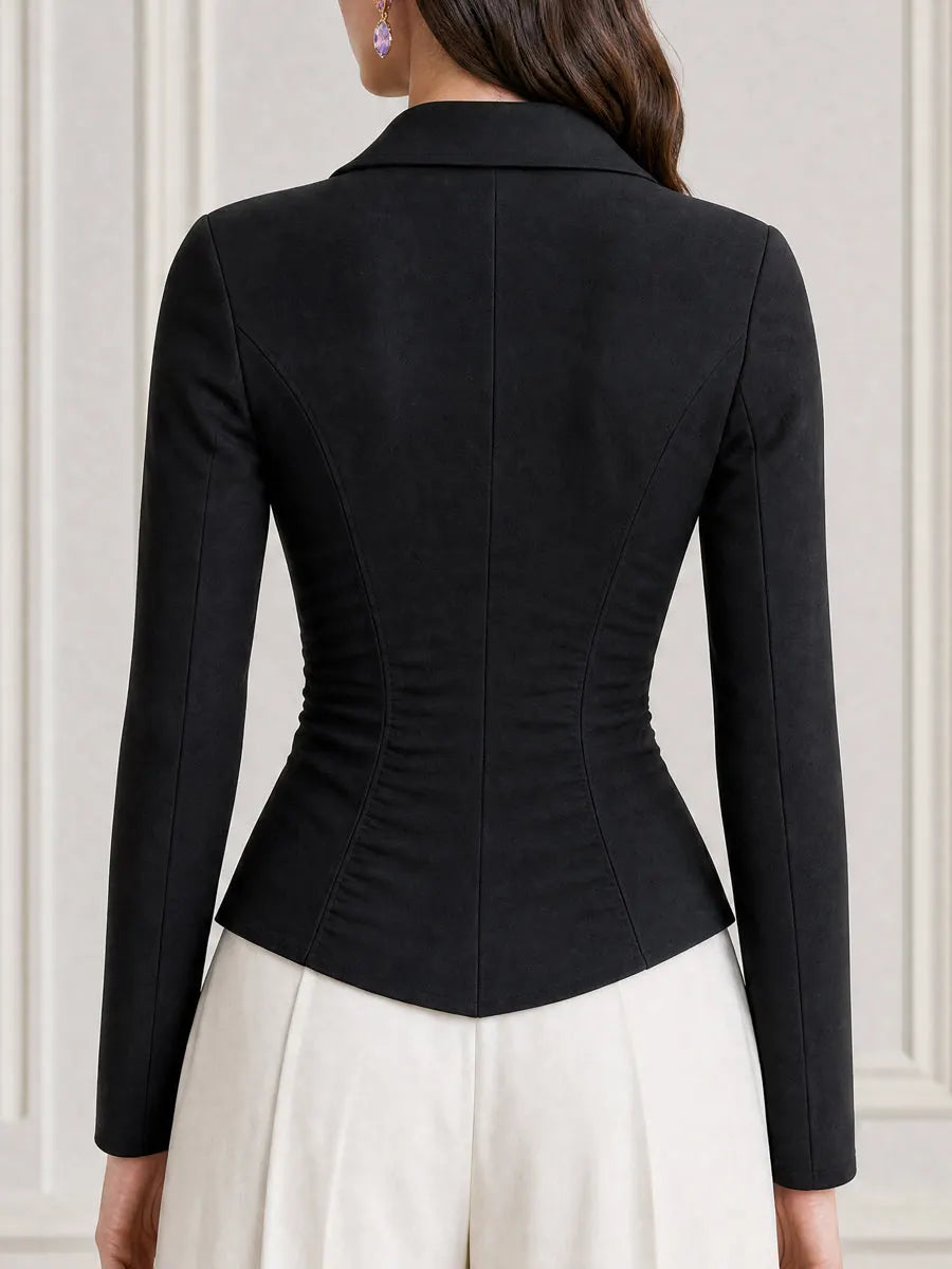 Collar Zip Front Ruched Fitted Long Sleeve Top